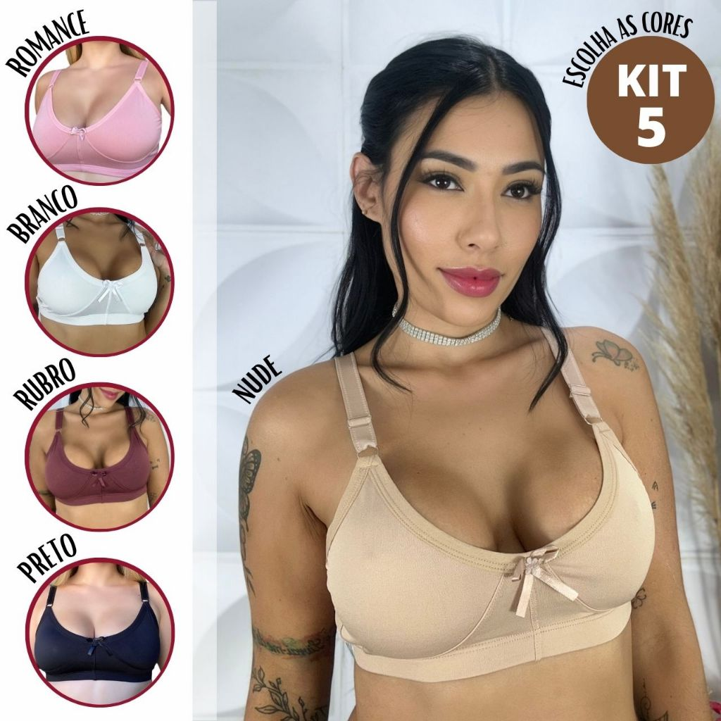 Kit 5 Sutiãs Sem Bojo Reforçado Conforto Básico Boa Sustentação Soutien Giana Alça Larga Qualidade