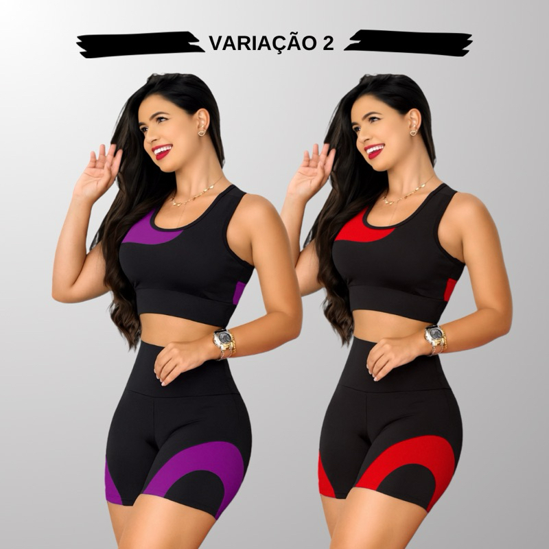 Kit 2 Conjuntos Academia Feminina – Top + Shot Cintura Alta e Modeladora