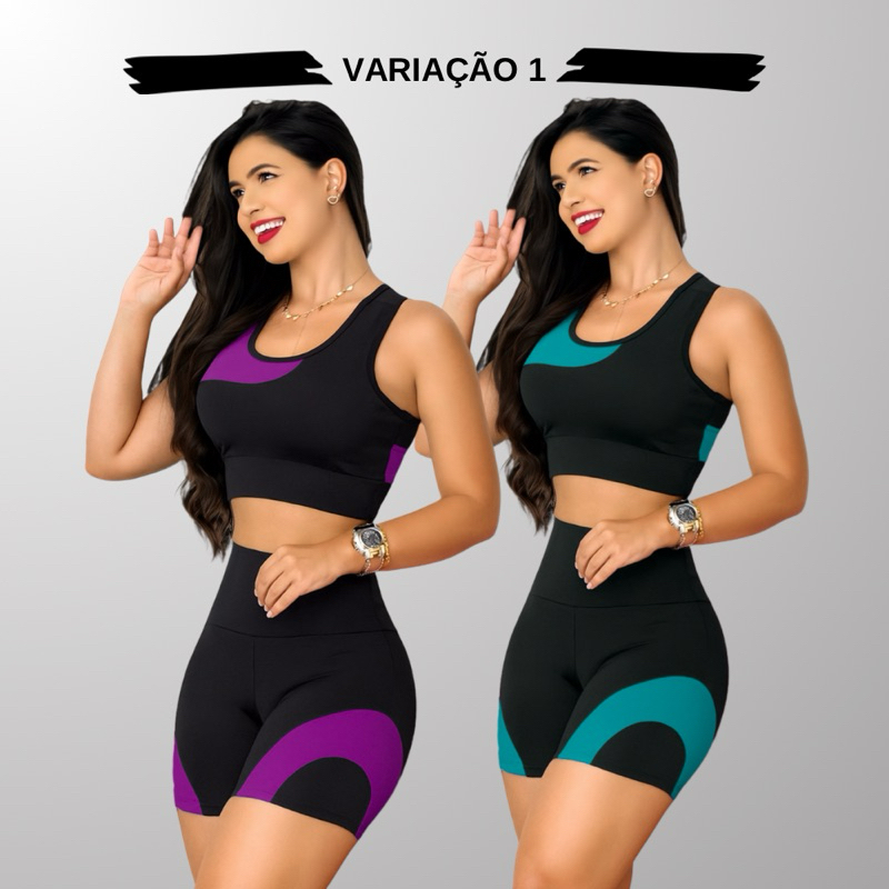 Kit 2 Conjuntos Academia Feminina – Top + Shot Cintura Alta e Modeladora
