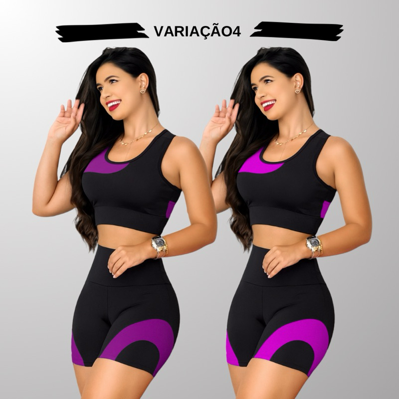 Kit 2 Conjuntos Academia Feminina – Top + Shot Cintura Alta e Modeladora