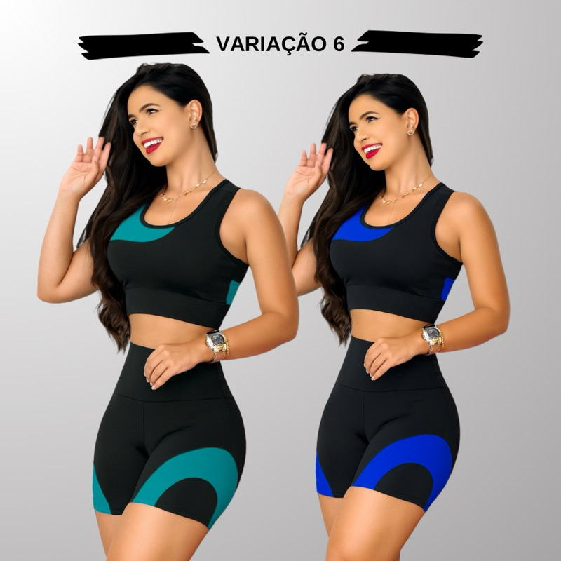Kit 2 Conjuntos Academia Feminina – Top + Shot Cintura Alta e Modeladora