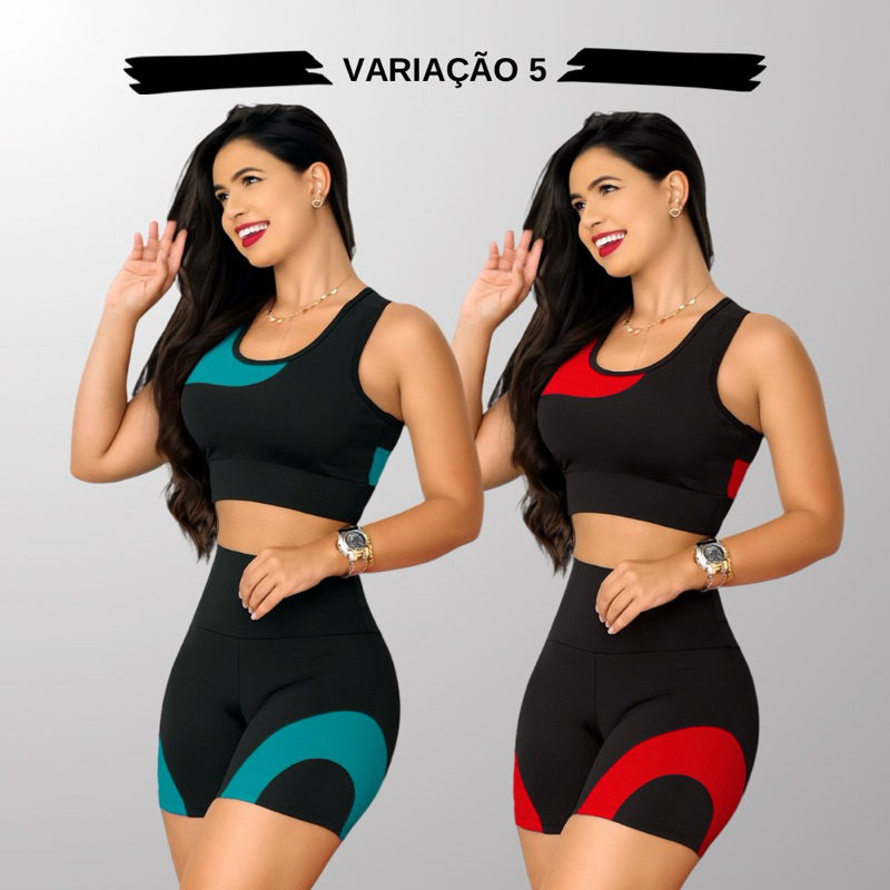 Kit 2 Conjuntos Academia Feminina – Top + Shot Cintura Alta e Modeladora