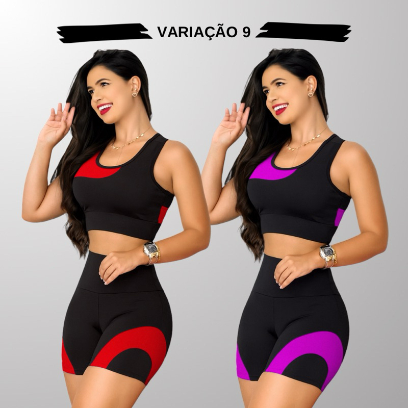 Kit 2 Conjuntos Academia Feminina – Top + Shot Cintura Alta e Modeladora